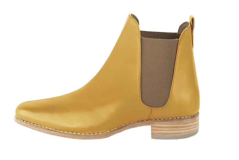 Mustard yellow and taupe brown women's ankle boots, with elastics. Round toe. Flat leather soles. Profile view - Florence KOOIJMAN